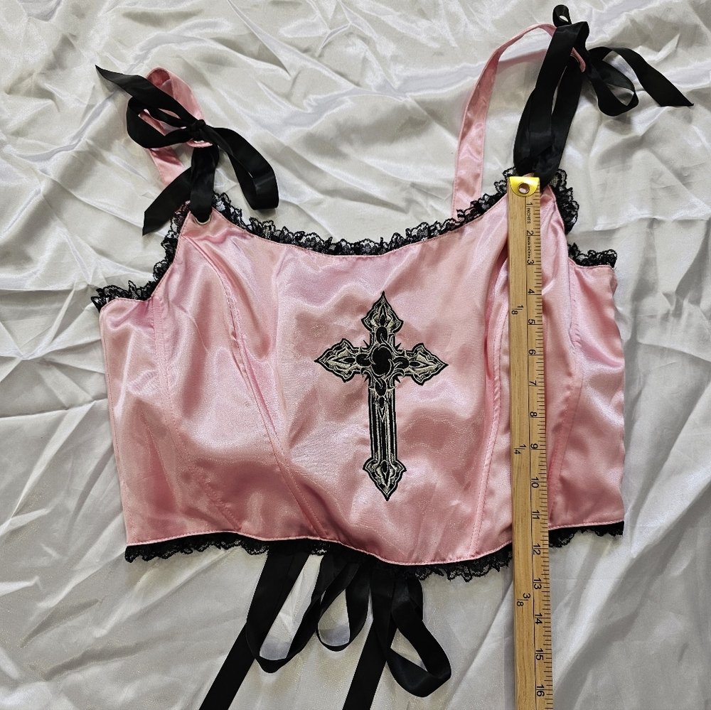 Pink & Black Cross Satin Corset Top - Picture 3 of 6